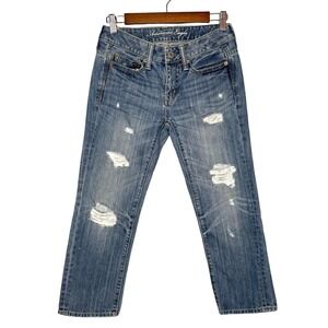 Y2K American Eagle 00 Boy Fit Cropped Low Rise Jeans Blue Distressed Denim Capri